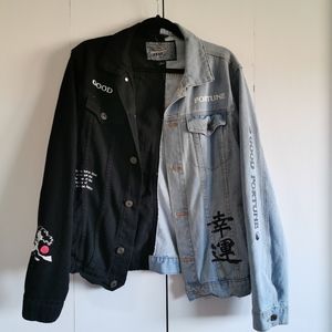Black and blue split denim jacket japanese graphic